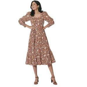 Cleobella Nova Floral Woodblock Print Midi Dress Cream Square Neck Puff Sleeve S